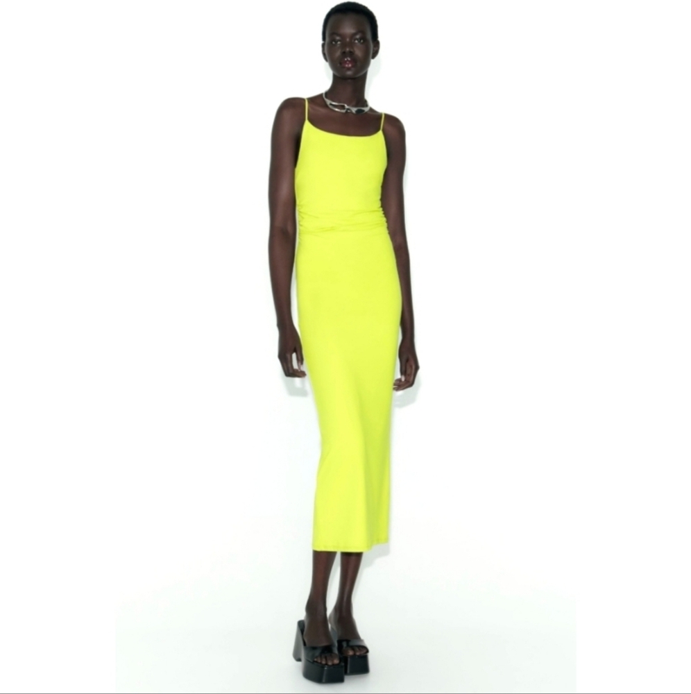 Zara NWT Lime Green Neon Ruched Cowl Neck Slip Column Maxi Dress Size S